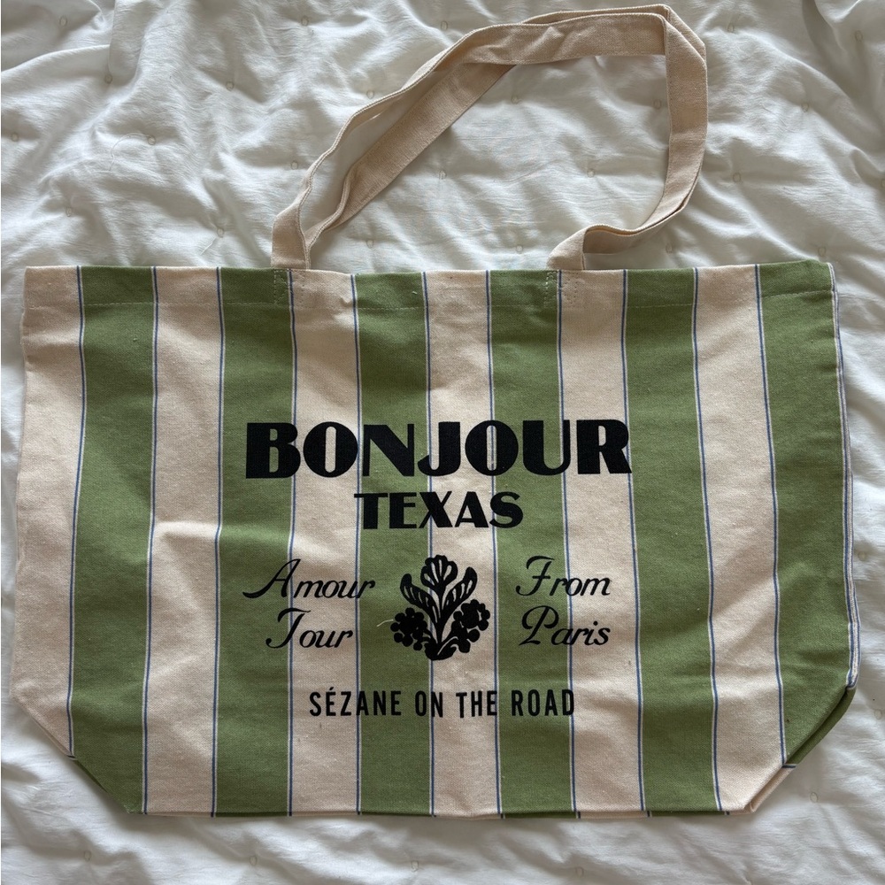 Sezane Green Striped Bonjour Texas Tote Bag